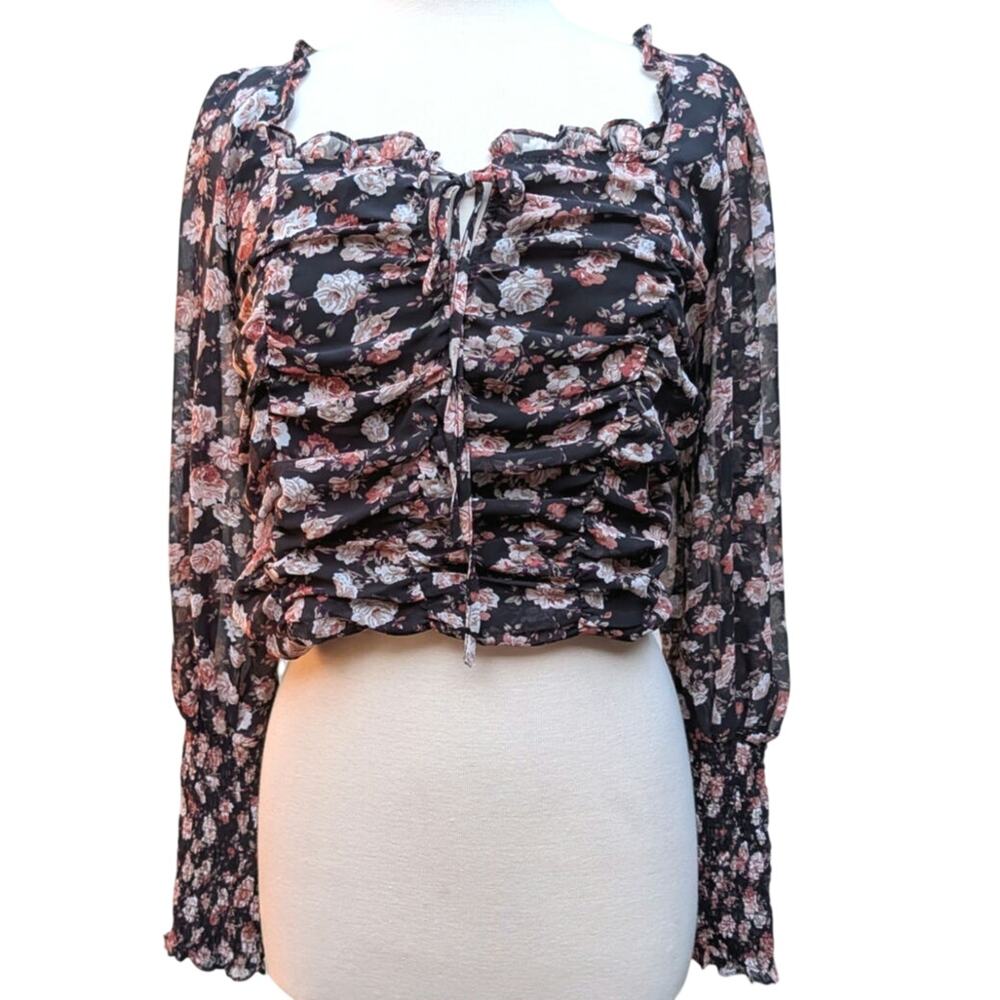 Black romantic long sleeve, floral, sheer top with smocking. Sz L